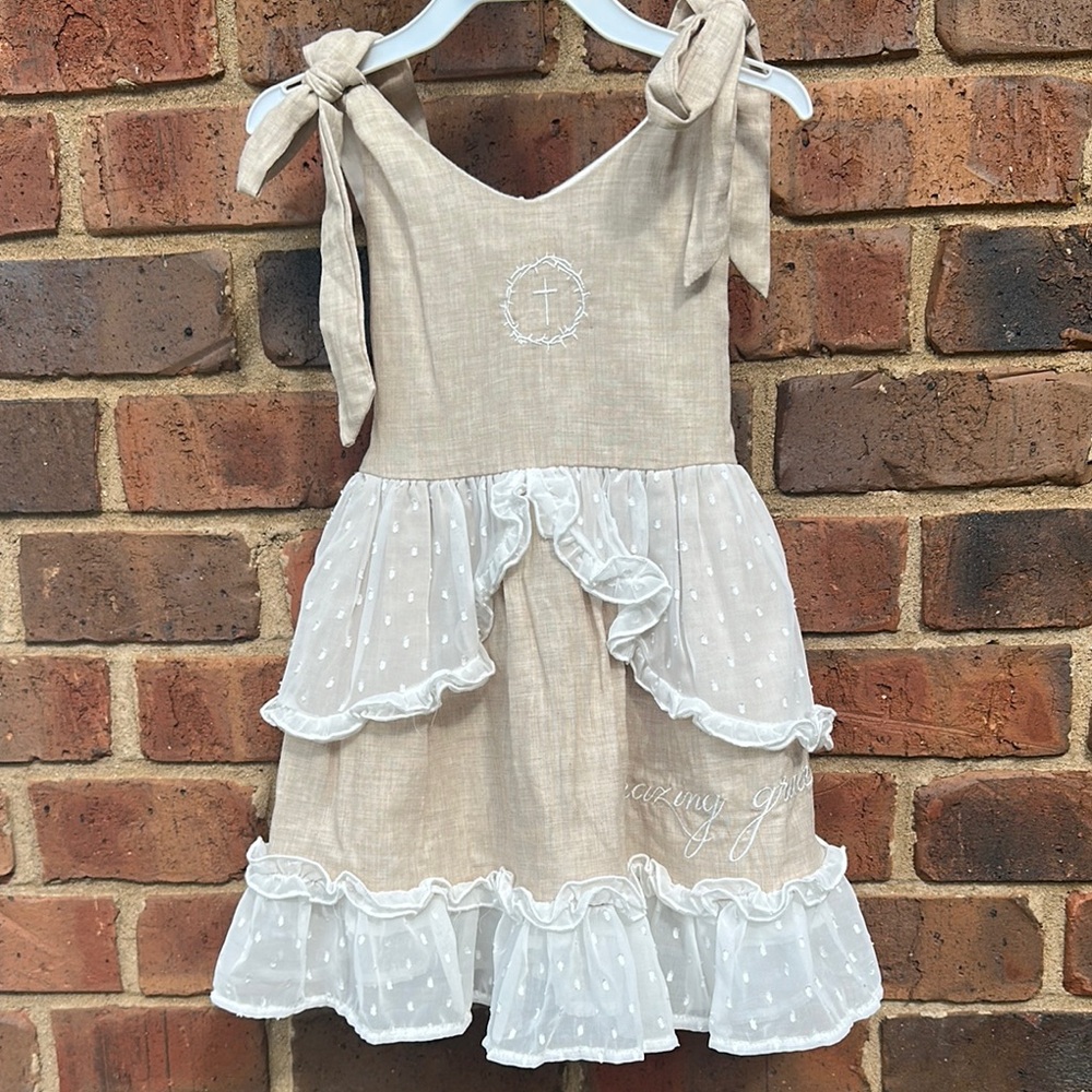 NWT Evie’s Closet Heirloom Embroidered “Amazing Grace” Tan Linen Dress size 3